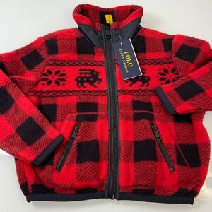 Polo Ralph Lauren Girls 3T Red Black Buffalo Check Fair Isle Teddy Fleece Jacket